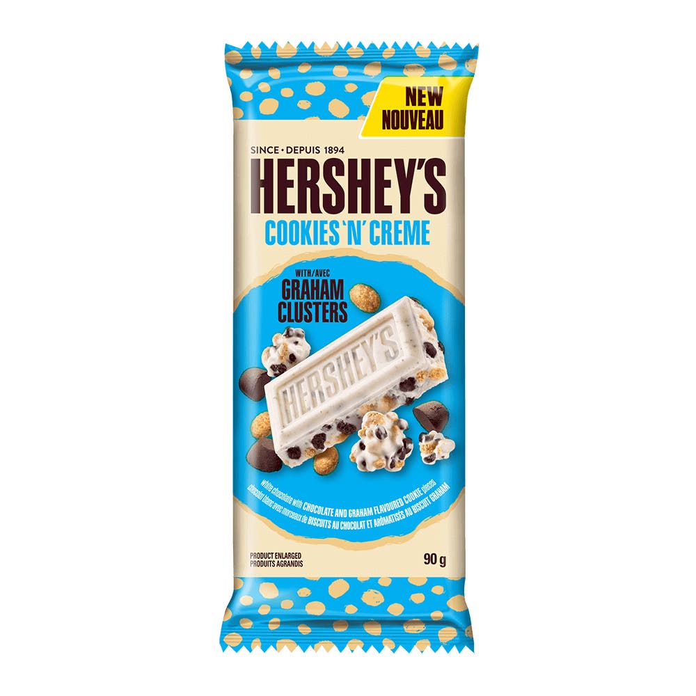 HERSHEY'S COOKIES 'N' CREME GRAHAM CLUSTERS Candy Bar, 90g - Front of Package