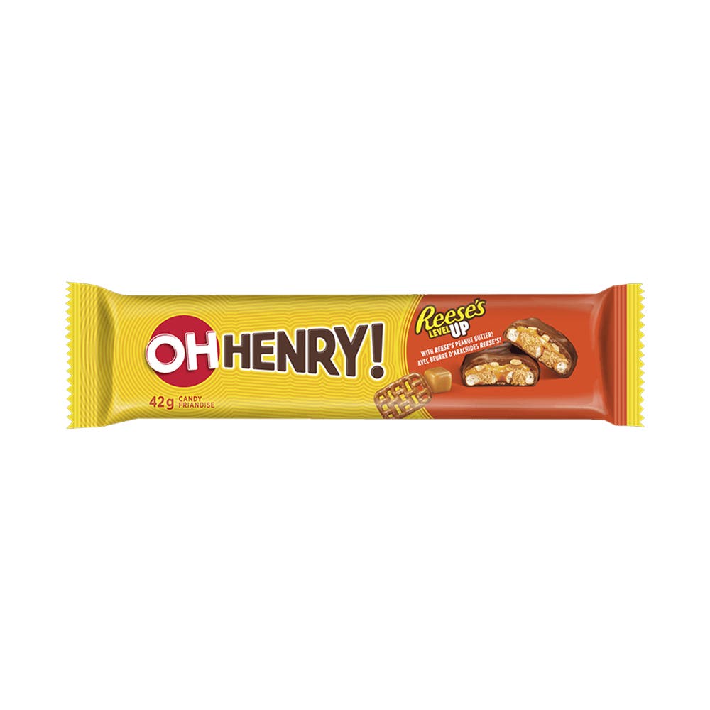 OH HENRY! REESE'S LEVEL UP Pretzels & Caramel Candy Bar, 42g - Front of Package