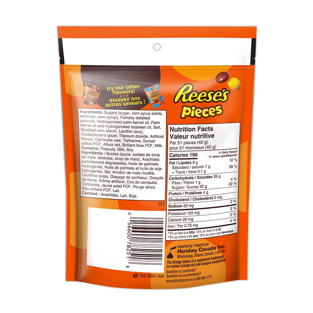 REESE'S PIECES Peanut Butter Candy, 230g bag - Back of Package
