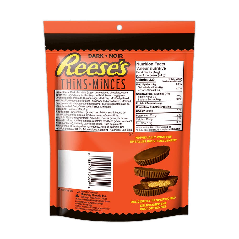 REESE'S THiNS Dark Chocolate Peanut Butter Cups Candy, 165g bag - Back of Package